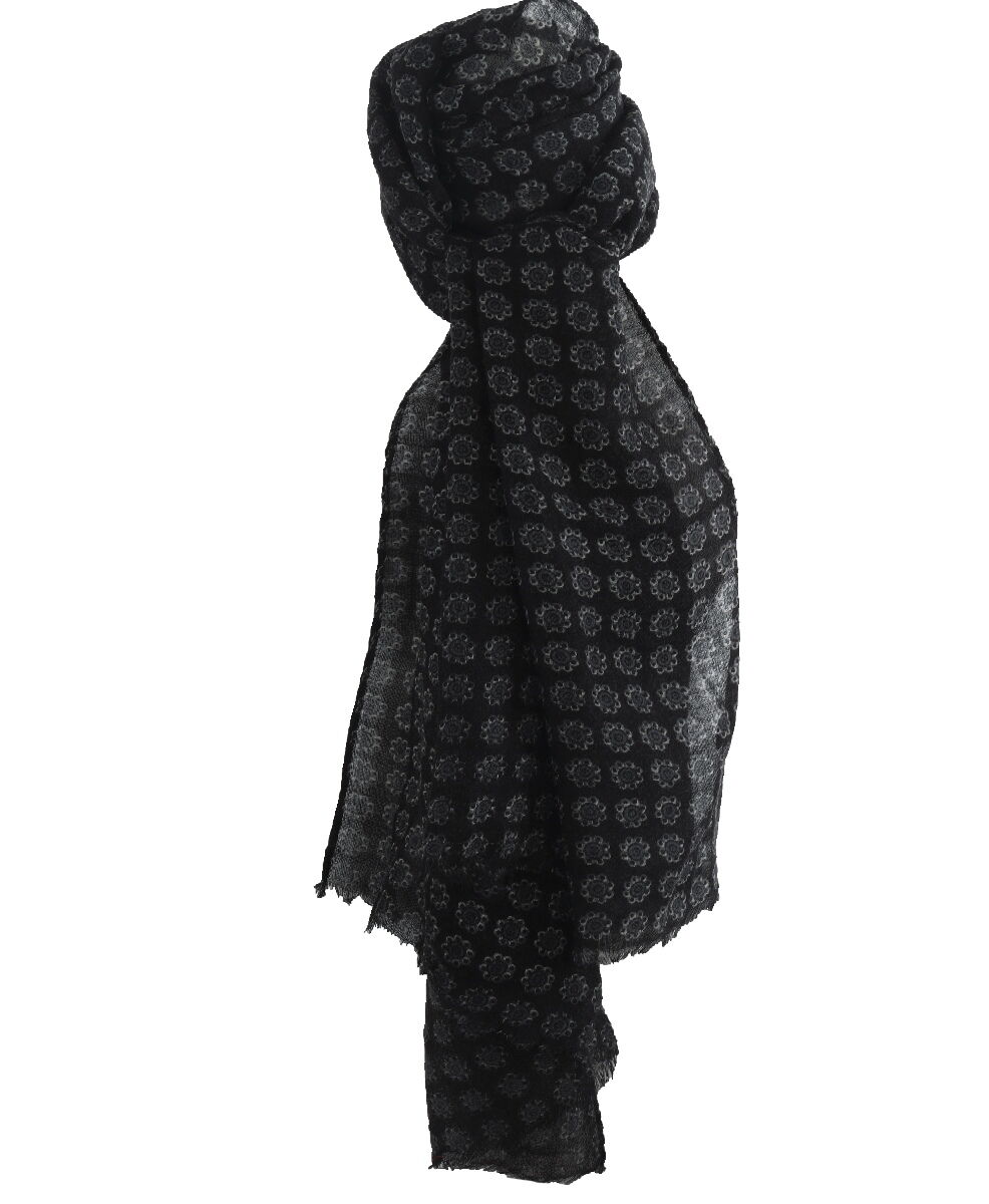 Luchtige zwarte wollen mousseline met paisley print