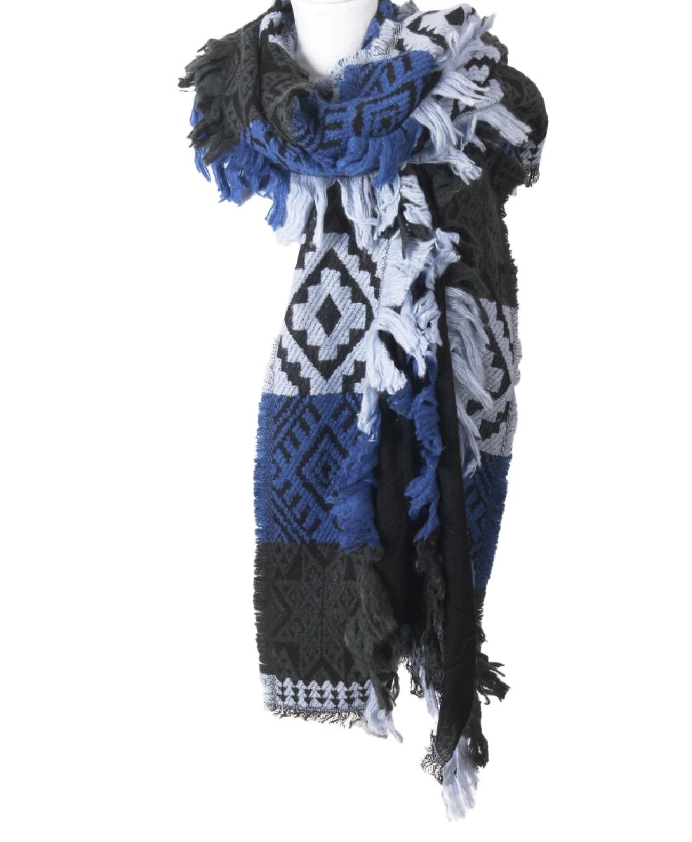 Zwarte omslagdoek/sjaal met geborduurde azteken patroon